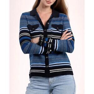 NEW MINNIE ROSE cotton cashmere novelty stripe boxy camp shirt in navy combo